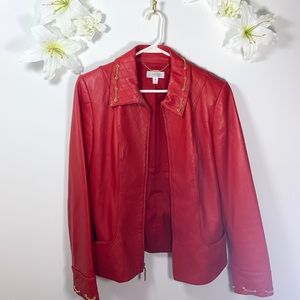 Sz M St John Sport Lambskin Jacket Red Gold Chains